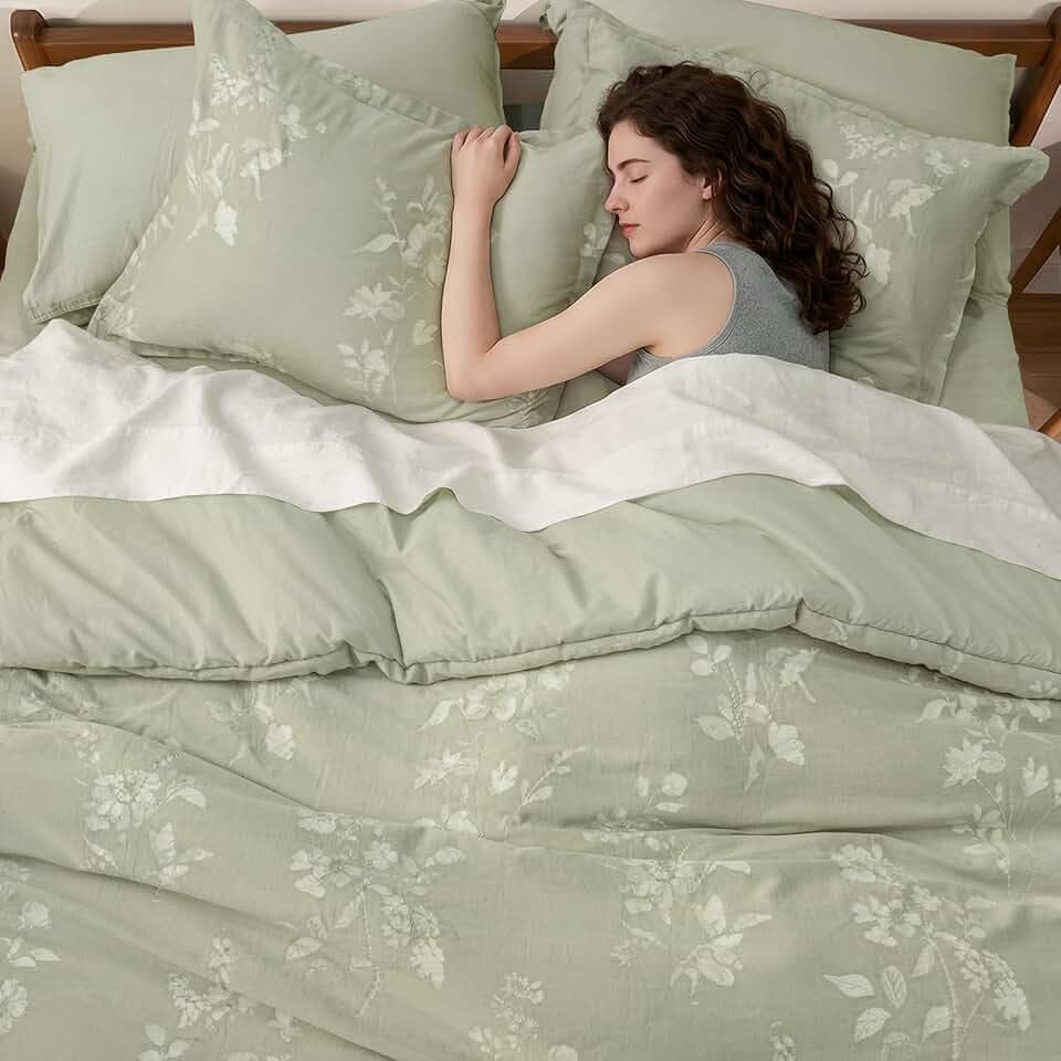 PHF Cotton Jacquard Comforter Set Queen, Soft Breathable, Dusty Sage