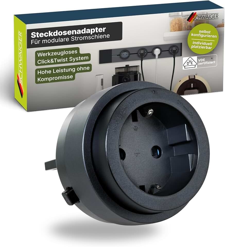 SCHWAIGER Steckdosenadapter für modulare Stromschiene Haushaltsstecker USB Ladeadapter Click & Twist System 680W/20W VDE Zertifiziert Ø 62 mm werkzeuglose Montage Schwarz