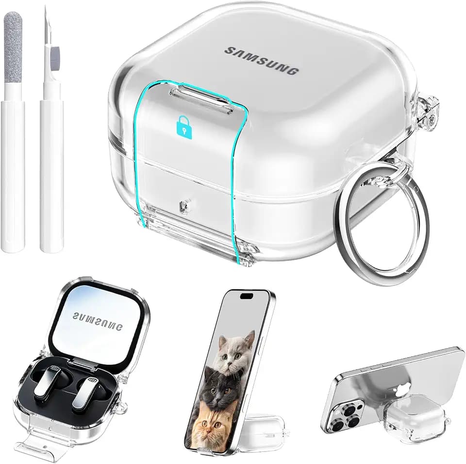 Aircawin Secure Lock for Samsung Galaxy Buds 4 Pro Case/Galaxy Buds 4 Case Clear,Shockproof for Samsung Galaxy Bud 4/4 Pro Cover with Phone Stand,Soft TPU Skin with Carabiner&Cleaning Pen-Clear