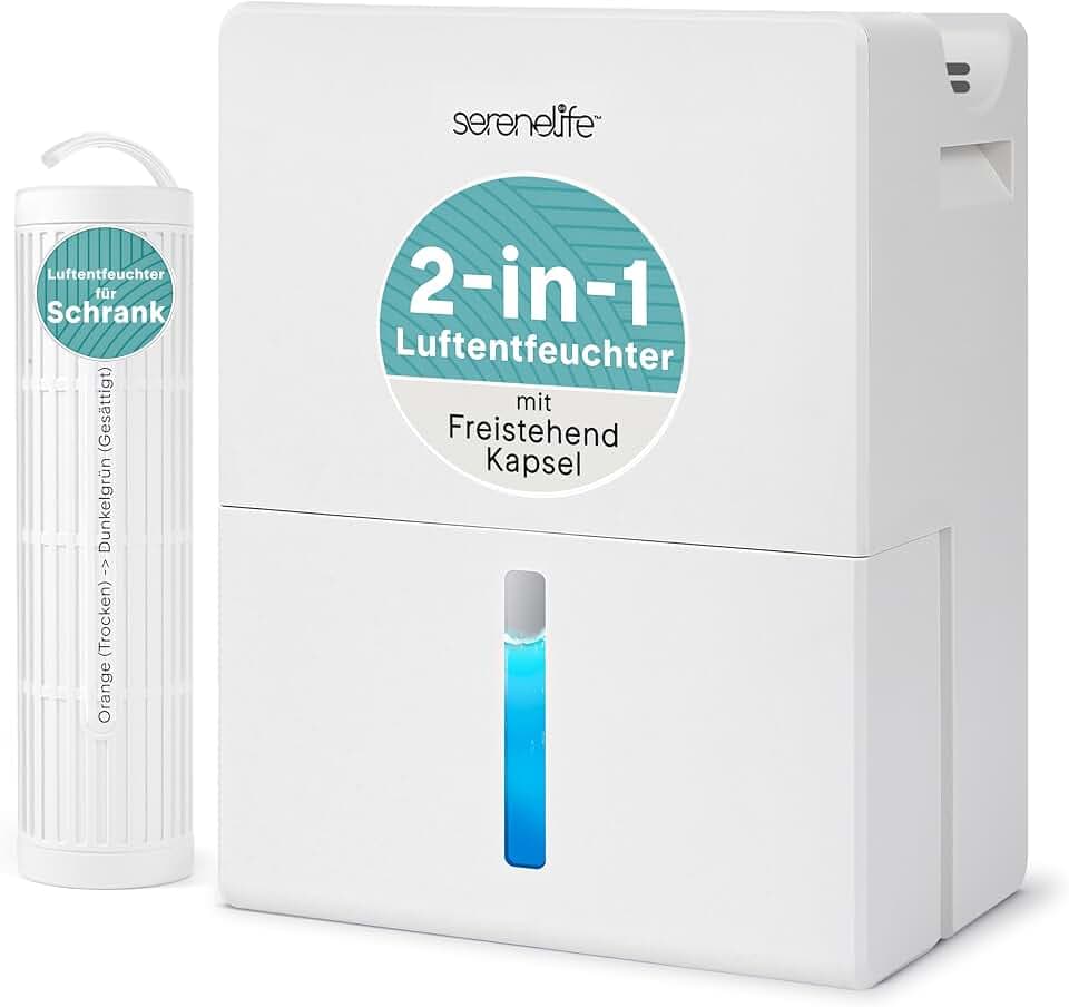 SereneLife Luftentfeuchter 2,7 L Leise Weiß – 2-in-1 Raumentfeuchter für Schlafzimmer, Bad & Keller mit Wiederverwendbarem Entfeuchtungszylinder, Schlafmodus & Timer
