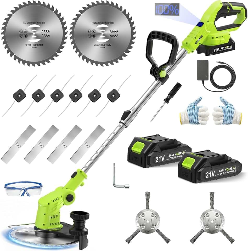 VOERJIA Rasentrimmer Akku 21V mit 2 Akkus und Ladegerät, Freischneider Akku 24000U/min mit LCD-Anzeige, Akkurasentrimmer mit 4-in-1 Mähsystem inkl. (Meister-Set)
