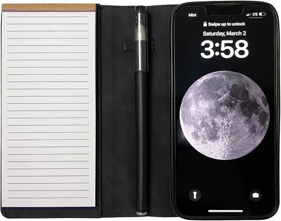 MOJO Notepad Phone Case for iPhone 13/14/15 - Folding Wallet Phone Case with Mini Pen and Note Pad (Black) (Fits iPhone 17 Air)
