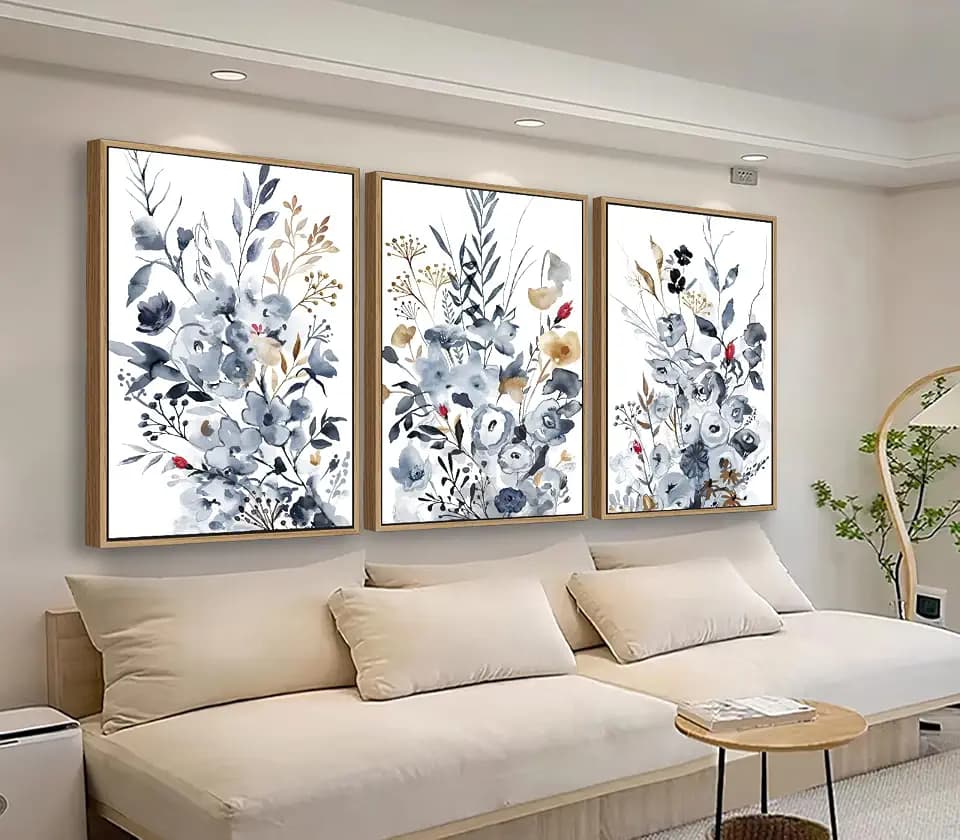 tigeridge Botanical Framed Wall Art - Floral Canvas Pictures Wall Decor Grey Blue Brown Flowers Painting Artwork Watercolor Style Prints for Living Room Home Decor 24 x 16in * 3, Natural Wood Frame