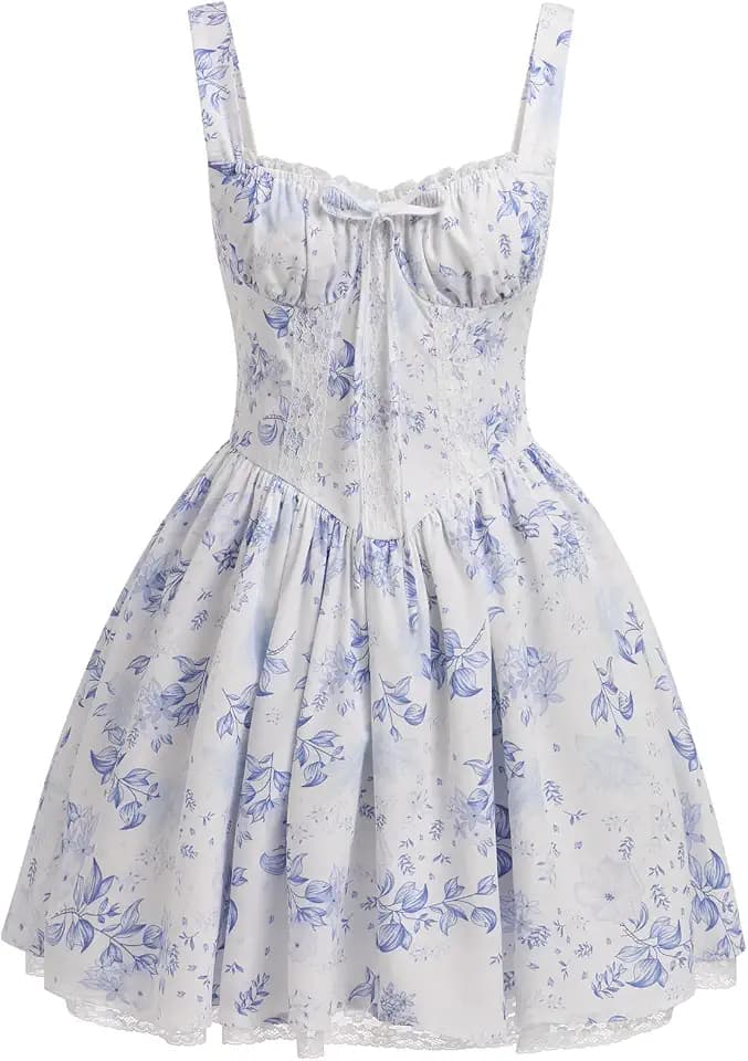 OBEEII Damen Floral Korsett Minikleid Quadratischer Ausschnitt Spaghettiträger Sommer Boho Sommerkleid Blumendruck Lace Up Bustier Kleid