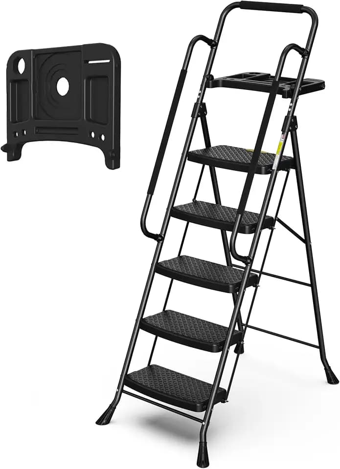 HBTower Step Ladder with Handrails, Folding Step Stool with Tool Tray