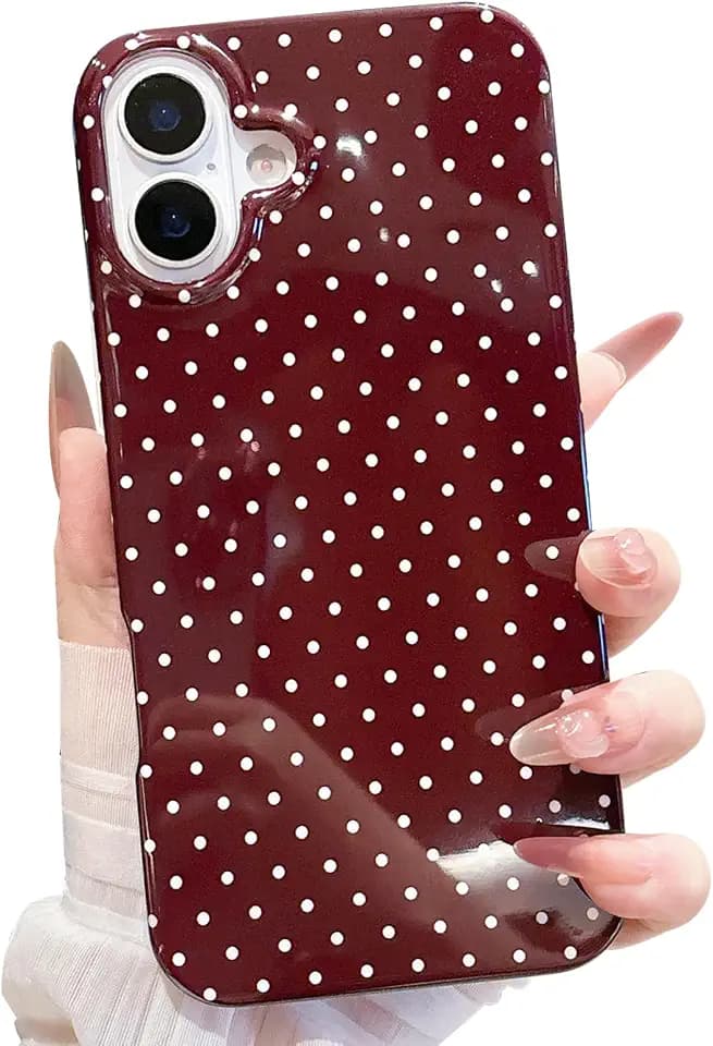 for iPhone 16 Case Polka Dot Phone Cases Aesthetic Design Trendy Simple Case Slim Shockproof Protective Cover Burgundy Red