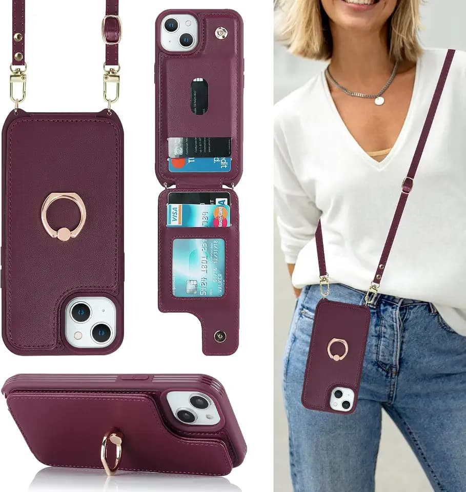 Lipvina Crossbody Wallet for iPhone 15 Plus Case with Strap-Red