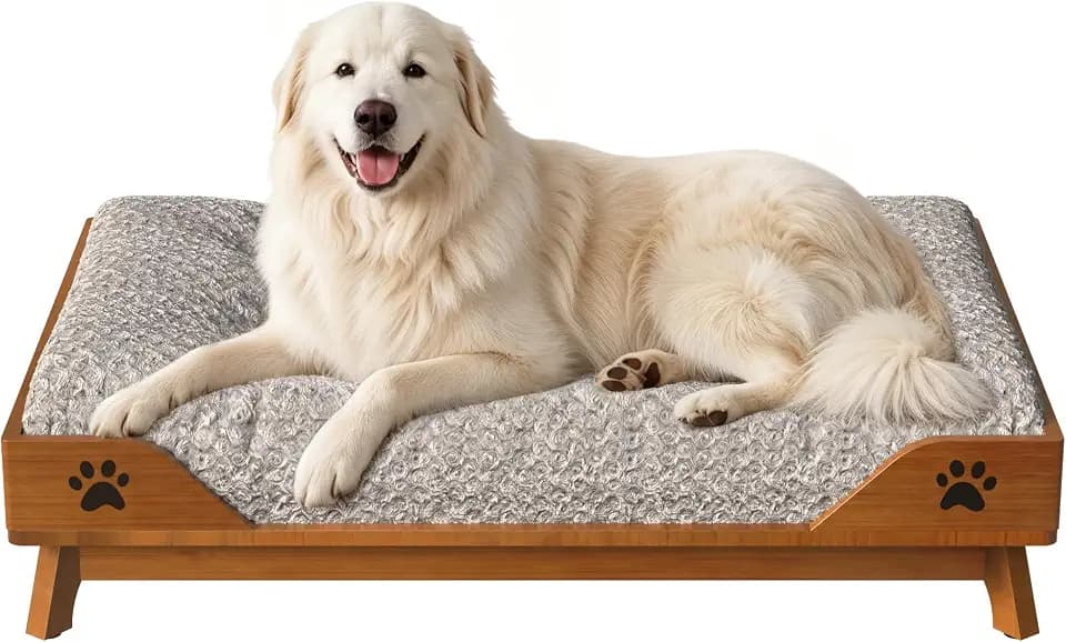 Elevated Dog Bed - Solid Wood Dog Bed Frame with Soft Cushion, Raised Dog Bed for Large Pets up to 150lbs, 36.6x24.8x7.9 in, Walnut Finish