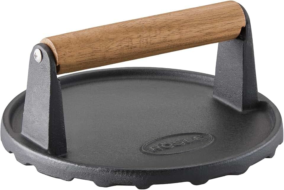 RÖSLE Barbecue-Gewicht, Hochwertiges Gewicht zum schnelleren Garen von Burgern oder Steaks, Gusseisen, Holzgriff, 17,5 cm