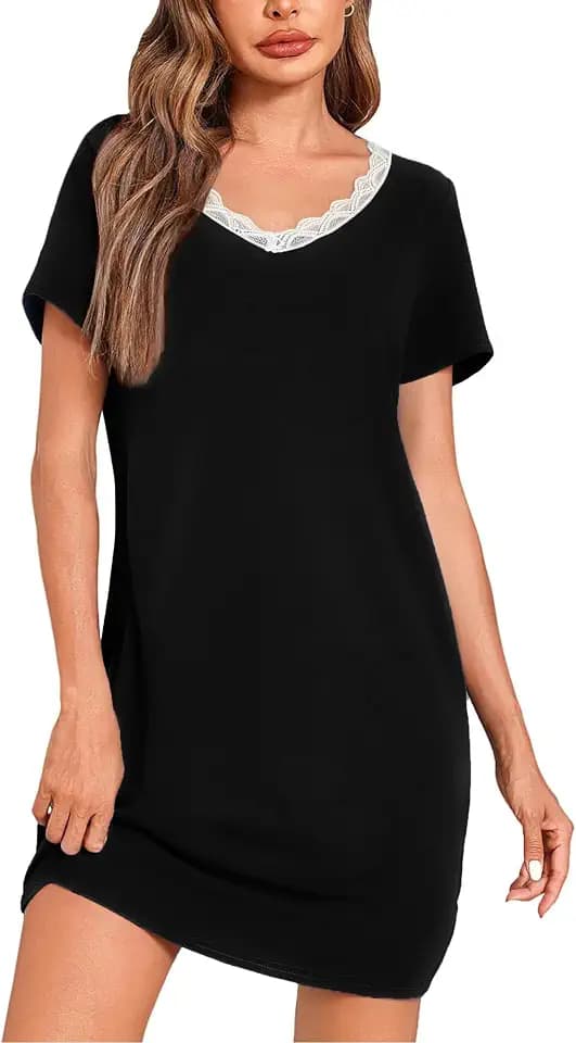 Litherday Nachthemd Damen Kurzarm Nachtkleid Sleepshirt mit Spitze Dessous Baumwolle Nachtwäsche Loose Sommer Schlafshirt Kurz für Frauen Schwarz