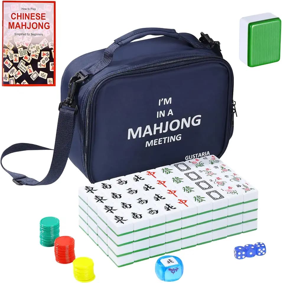 Chinese Mahjong Set, 1.65'' Large Size Tiles, Mahjong Game Set with 144 Green Tiles & Blue Carrying Bag