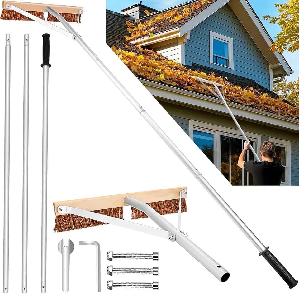 Leaf Roof Brush and Roof Rake, Adjustable Length Roof Cleaning Tool, Remove Roof Leaves Safely, with Natural Brush Head, Lightweight, Easy to Use & Store (21 ft)
