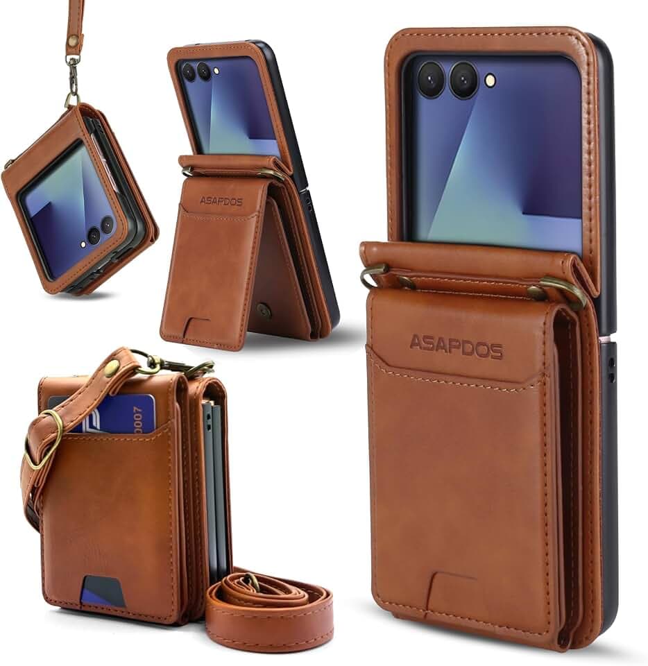 for Samsung Galaxy Z Flip 7 PU Leather Wallet Phone Case with Card Slots (Holds 5-7 Cards), Anti-Drop Protection, Wrist & Shoulder Strap Brown