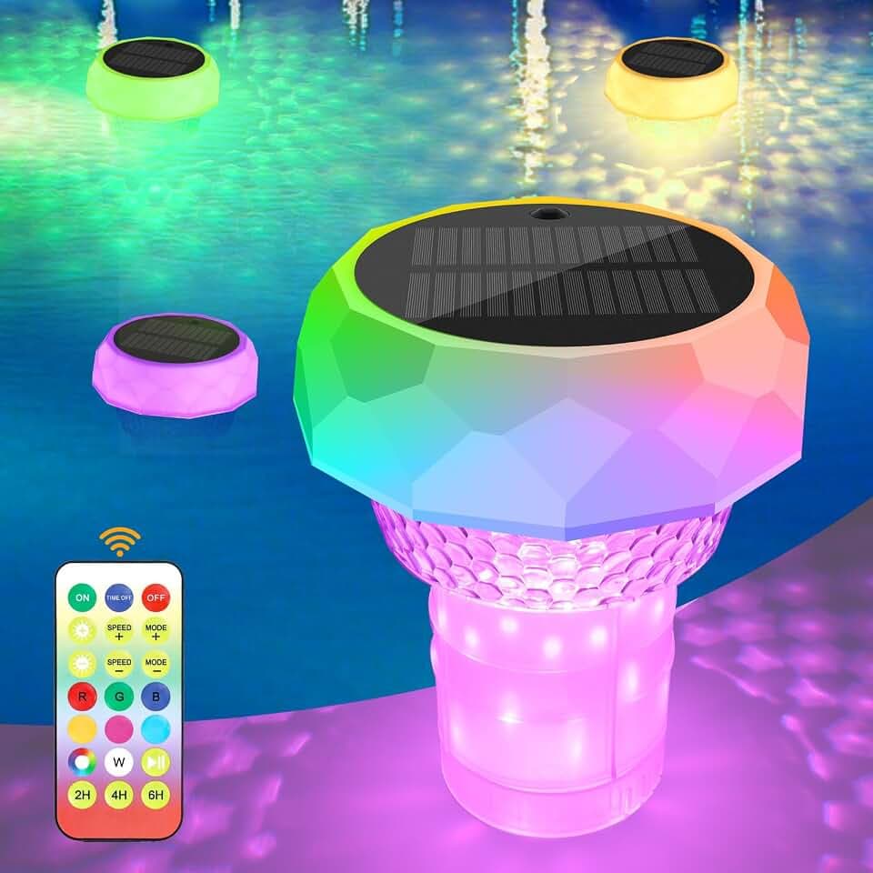 ZWOOS Dosierschwimmer Pool, Schwimmer für Chlortabletten (Leer), Chlordosierer für Pool, Poolbeleuchtung Solar, Schwimmend Chlor Spender, RGB Pool Licht, IP68 Wasserdicht, Pool Deko Lampe (1 Stück)