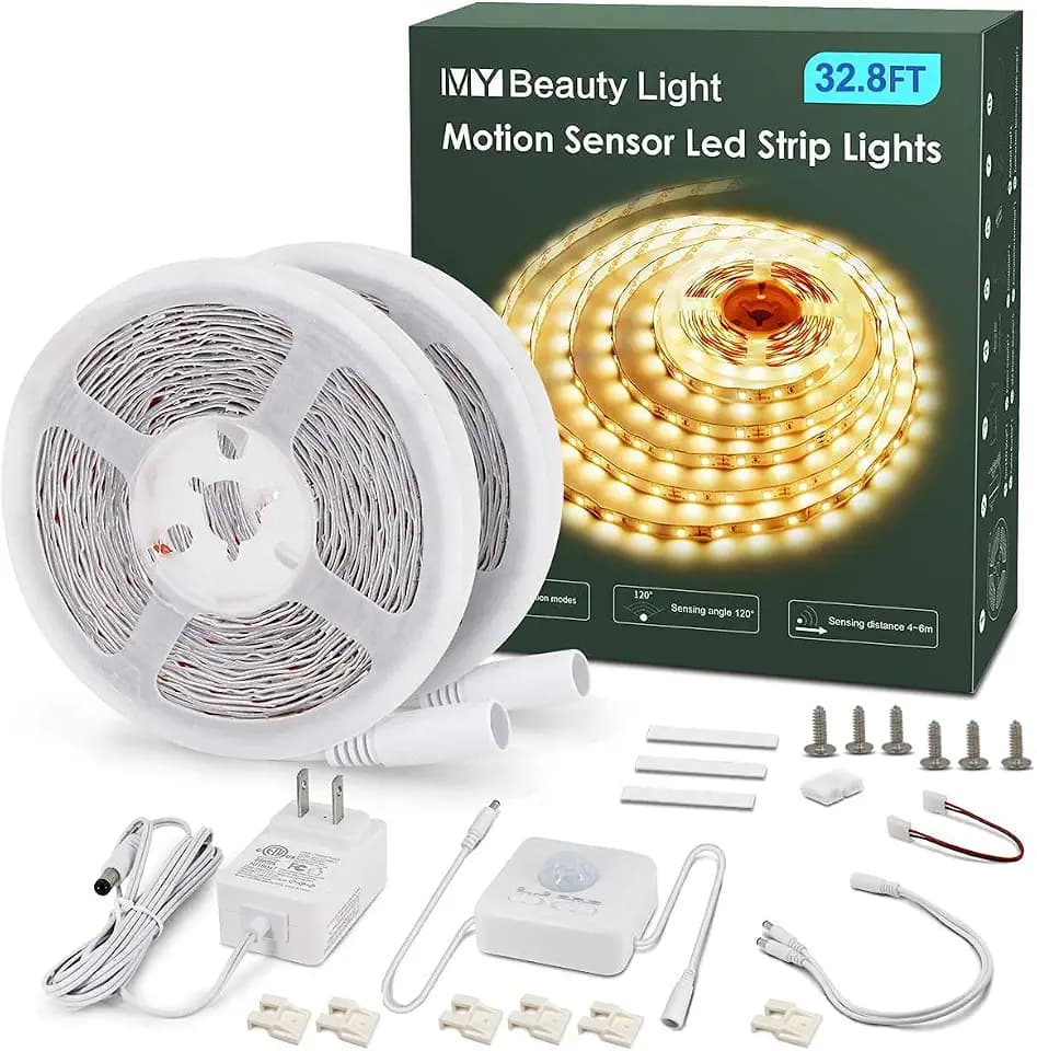 MY BEAUTY LIGHT Motion Activated LED Strip Lights, 32.8ft LED Light Strip with Day or Night 2 Lighting Modes,3 Timing Off Modes,Warm White 12v Plug-in LED Rope Lights for Under Cabinet,Kitchen,Stair