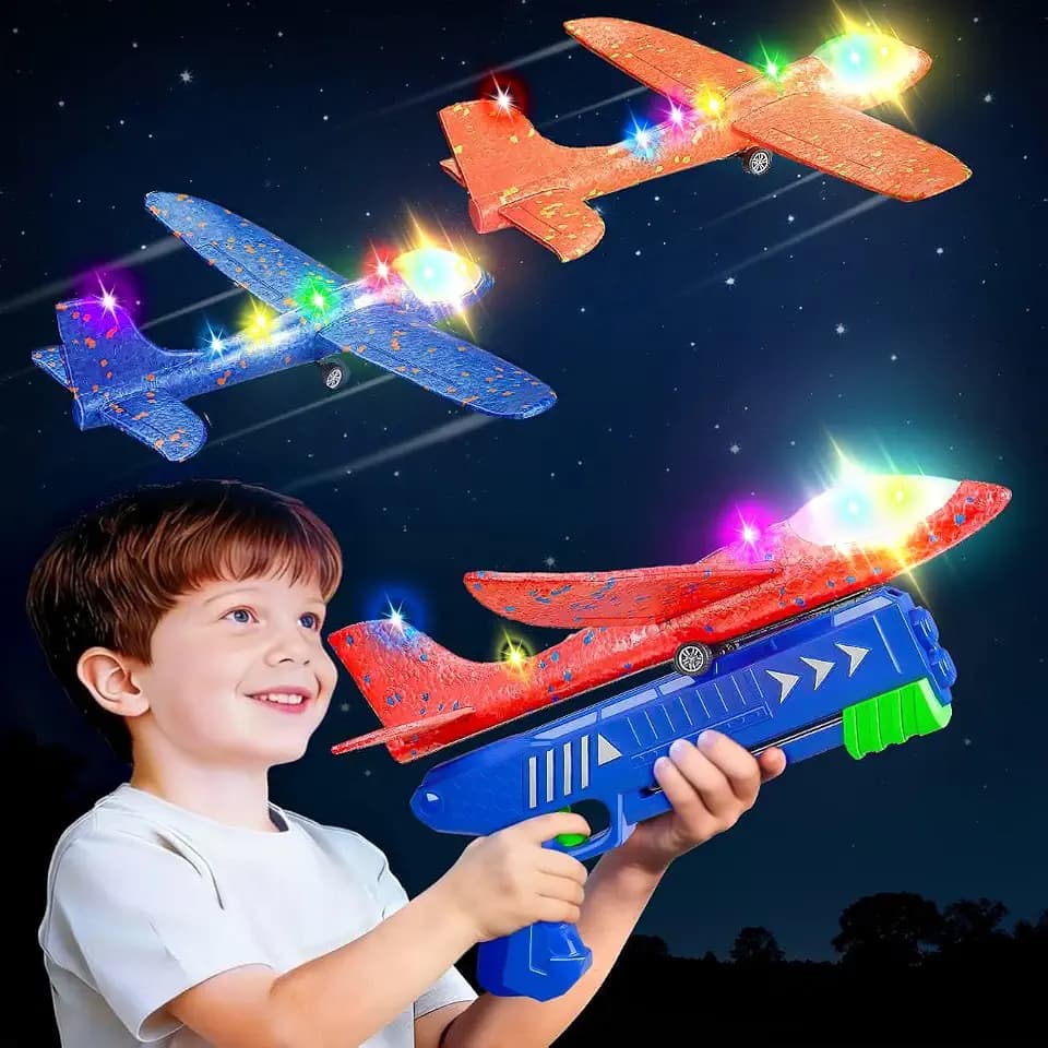 SYHLN 3 Pack Airplane Launcher Toys for 4 5 6 7 8 Year Old Boys Gifts: Airplane Shooter with 3 LED Foam Glider Planes for Kids - Outdoor Flying Toys Boys Birthday Present Gifts Age 4 5 6 7 8 9
