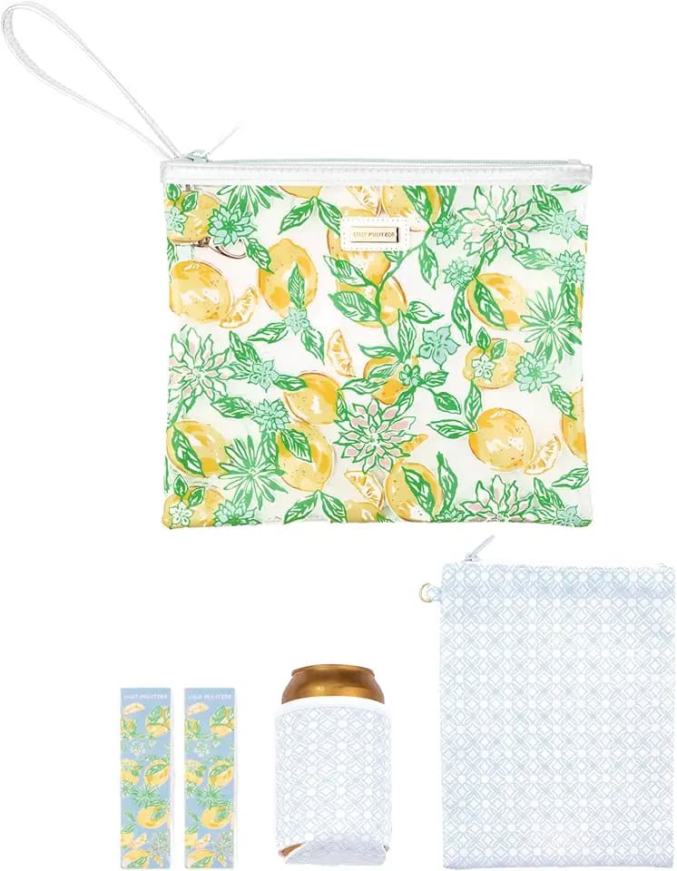 Lilly Pulitzer Water Resistant Vinyl Beach Day Pouch, Zipper Bag Includes Drink Hugger, Small Pouch, and Towel Clips