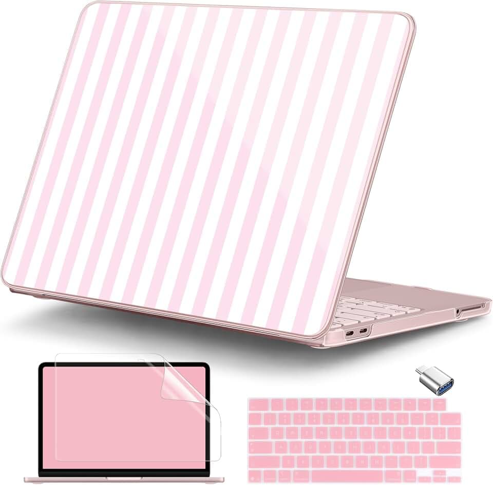 DONGKE for MacBook Neo 13 Inch Case 2026 (Model A3404, A18 Pro chip), Stylish Pattern Protective Hard Shell with Screen Protector, Keyboard Cover & USB-C Adapter - Pink & White Stripes