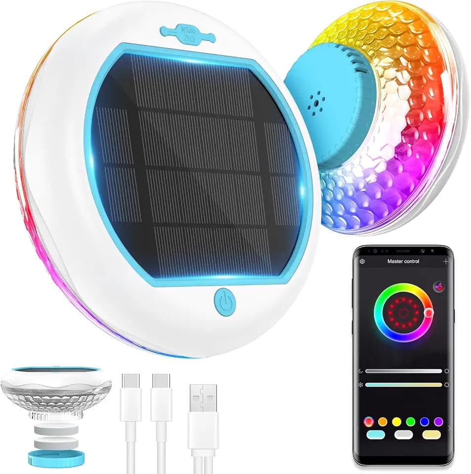Solar Pool Chlorine Floater with Floating Light, APP-Controlled, RGB Color, IP68 Waterproof, Large Capacity for 2 Tablets, Blue