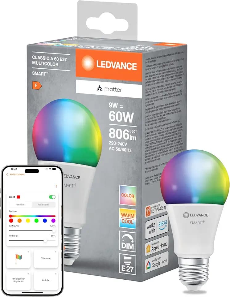 LEDVANCE SMART+ MATTER LED-Lampe, kompatibel mit Google, Alexa, Apple, weiße Frost-Optik, 9W, 806lm, E27, Farblicht und Weißlicht, App- oder Sprachsteuerung, bis zu 20.000 Std.Lebensdauer, single pack