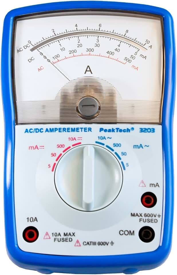 PeakTech P 3203 Analog Amperemeter; Cat III 600V; Max. 10A AC/DC; 5mA/ 50mA/ 500mA/ 10A AC DC; analoges Instrument, 1 Stück