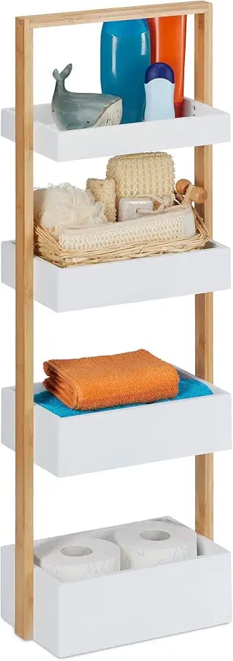 Relaxdays Badregal, 4 Ablagen, Bambus & MDF, Badezimmer Aufbewahrung, schmales Ablageregal HBT 88x30x18 cm, weiß/Natur