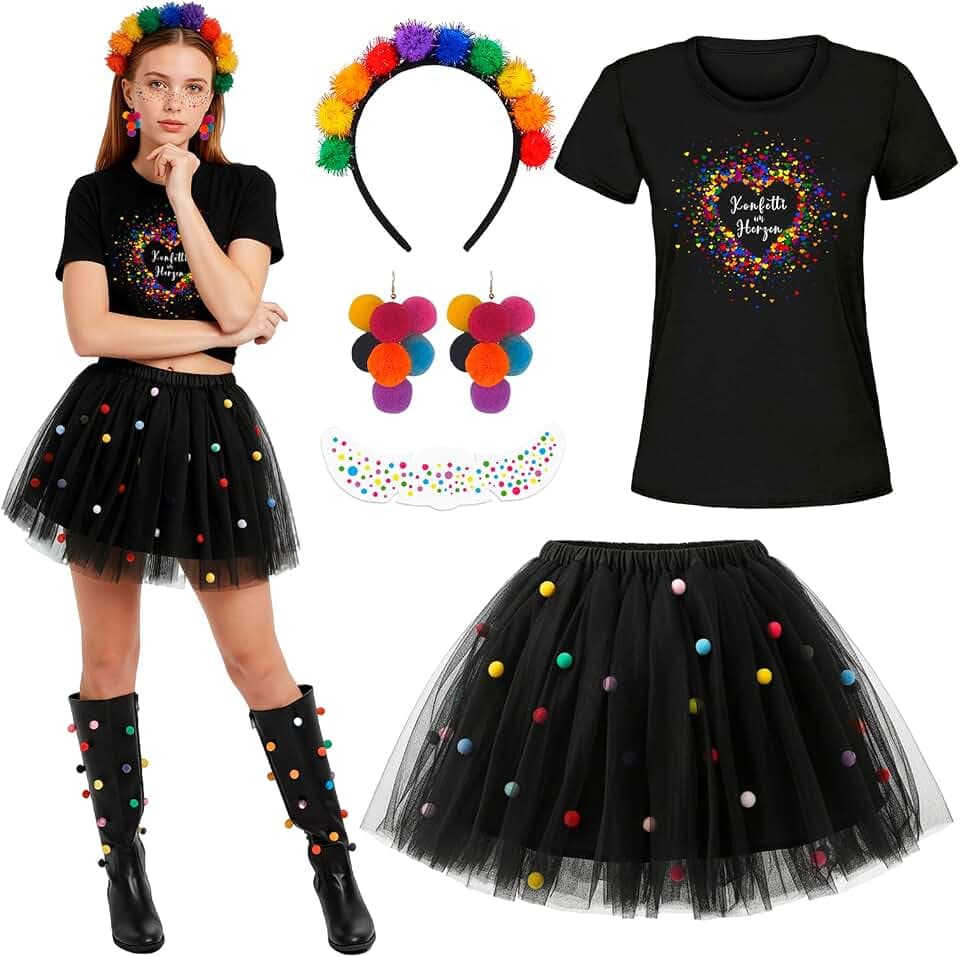 Konfetti Kostüm Damen Set, Karneval Clown Kostüm Outfit - Konfetti im Herzen T-Shirt | 4-lagiger Tüll-Tutu-Rock mit Pompon | Regenbogen Haarband | Pompon Ohrringe | Gesichtsaufkleber