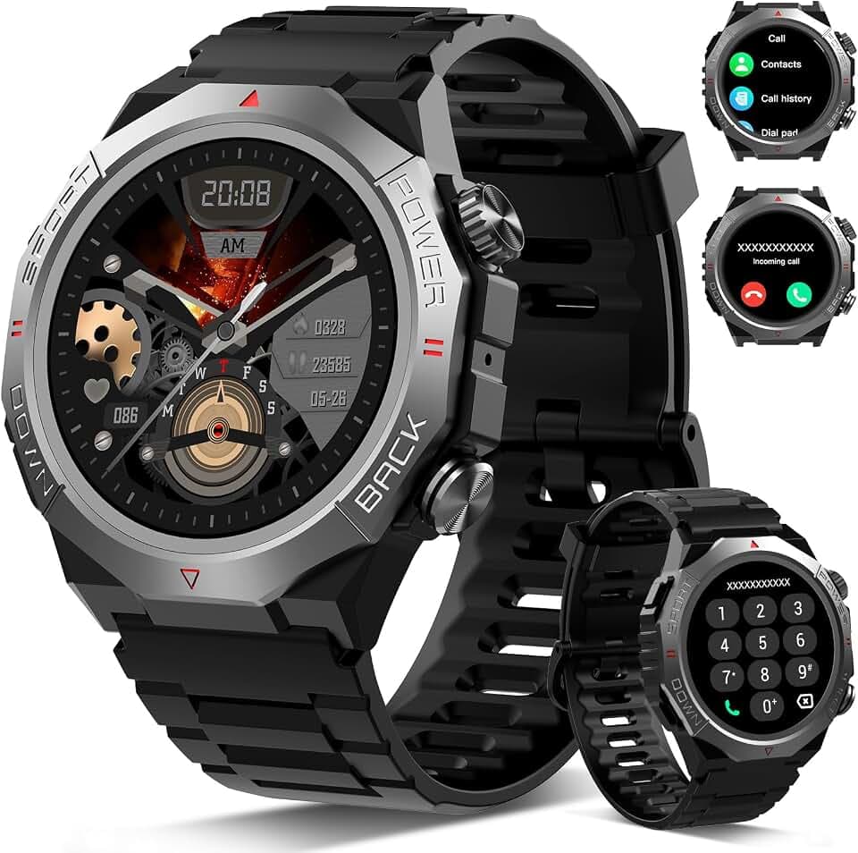 Atheewon Militär Smartwatch Herren Damen, Smart Watch mitTelefonfunktion, Schwarz