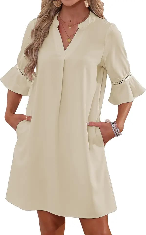 Famulily Damen Flowy Bell Kurzarm Etuikleid V-Ausschnitt Lose Sommer Freizeitkleider mit Seitentaschen S-XXL