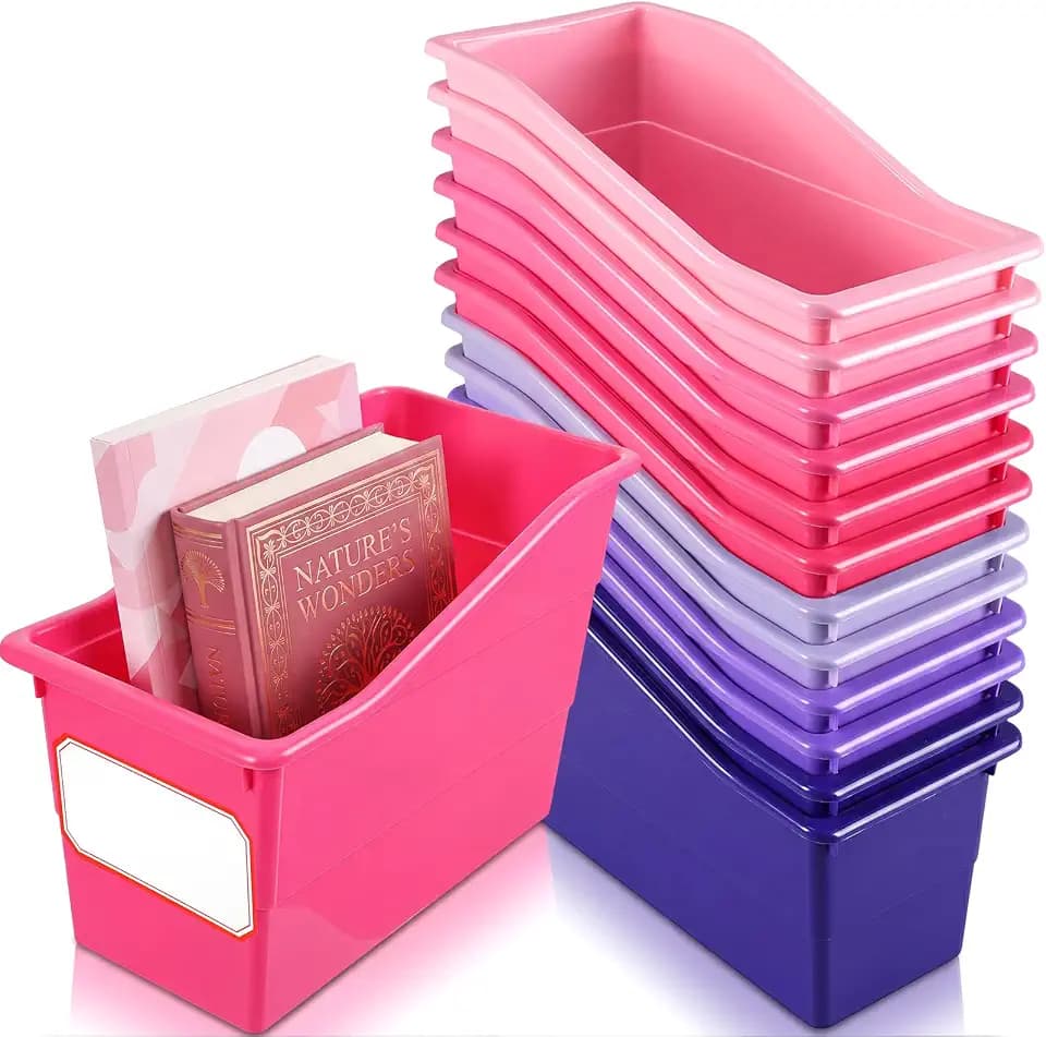 Teling 12 Pcs Book Bins Bulk for Classroom Storage Plastic Magazine Holder with Label Interlocking File Folder Organizer Binder Container Box for School Office Desktop Bookshelf Home (Pink Purple)