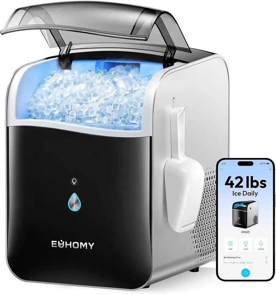 EUHOMY Smart Nugget Ice Maker Countertop, 42lbs/24H, Ready in 7 Mins, Portable Sonic Ice Maker with APP/Alexa Control, Self-Cleaning, Pebble Ice Makers with Hanging Ice Scoop for Home/Office