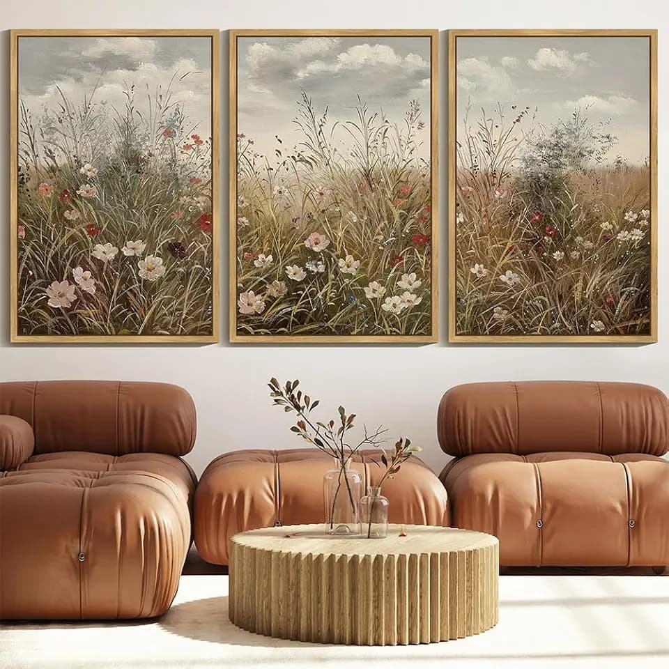 SHENIFY Vintage Landscape Framed Wall Art Meadow with Flowers Farmhouse Decor Retro Wildflower Field Scenery Painting for Hallway Bedroom Dining Room - 24x36in3pcs Natural Framed