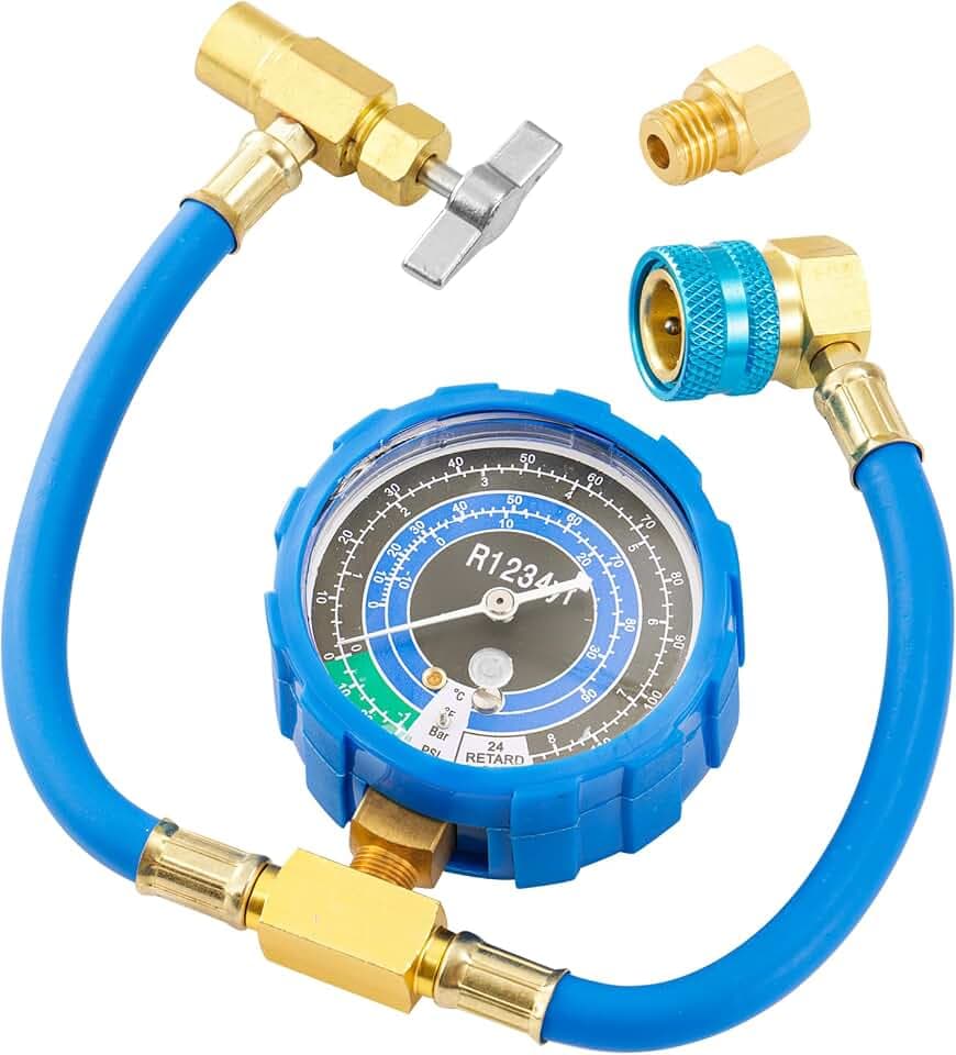 R1234YF Refrigerant Charge Hose and Gauge with Self-Sealing Adapter