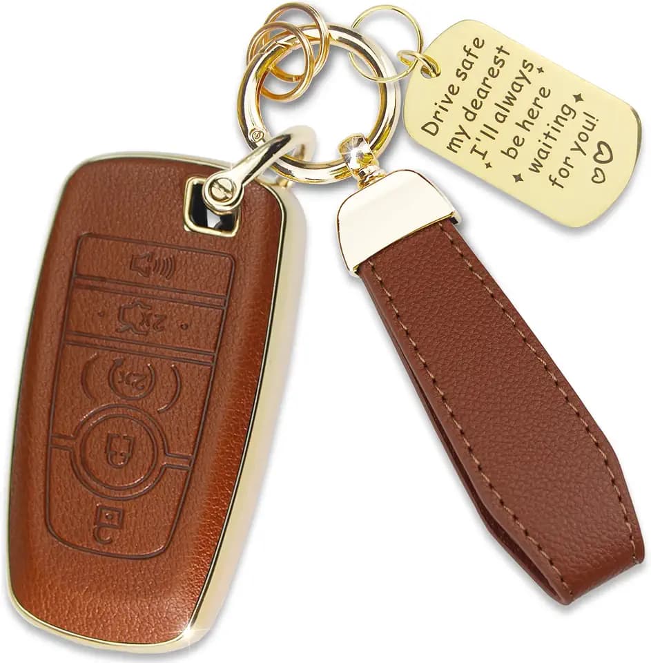 Soft TPU & Leather Key Fob Cover Compatible with Ford 5-Button