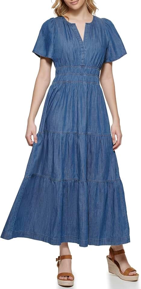 Tommy Hilfiger Women's Short Sleeved Ruched Waist Denim Tiered Midi Dress