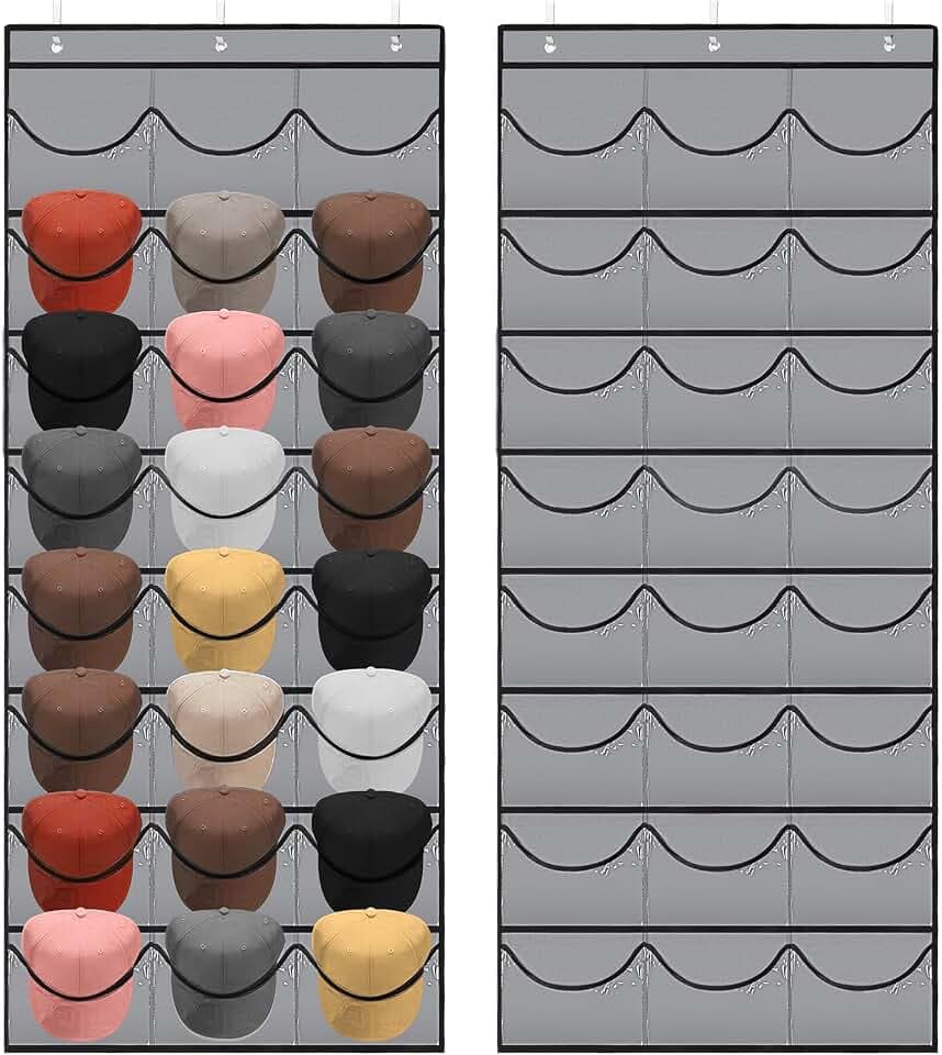 BiCINE Hat Rack for Baseball Caps, 24 Pocket Over The Door Hat Organizer Storage, Hat Holder for Door with 3 Hooks, Grey - 1 Pack