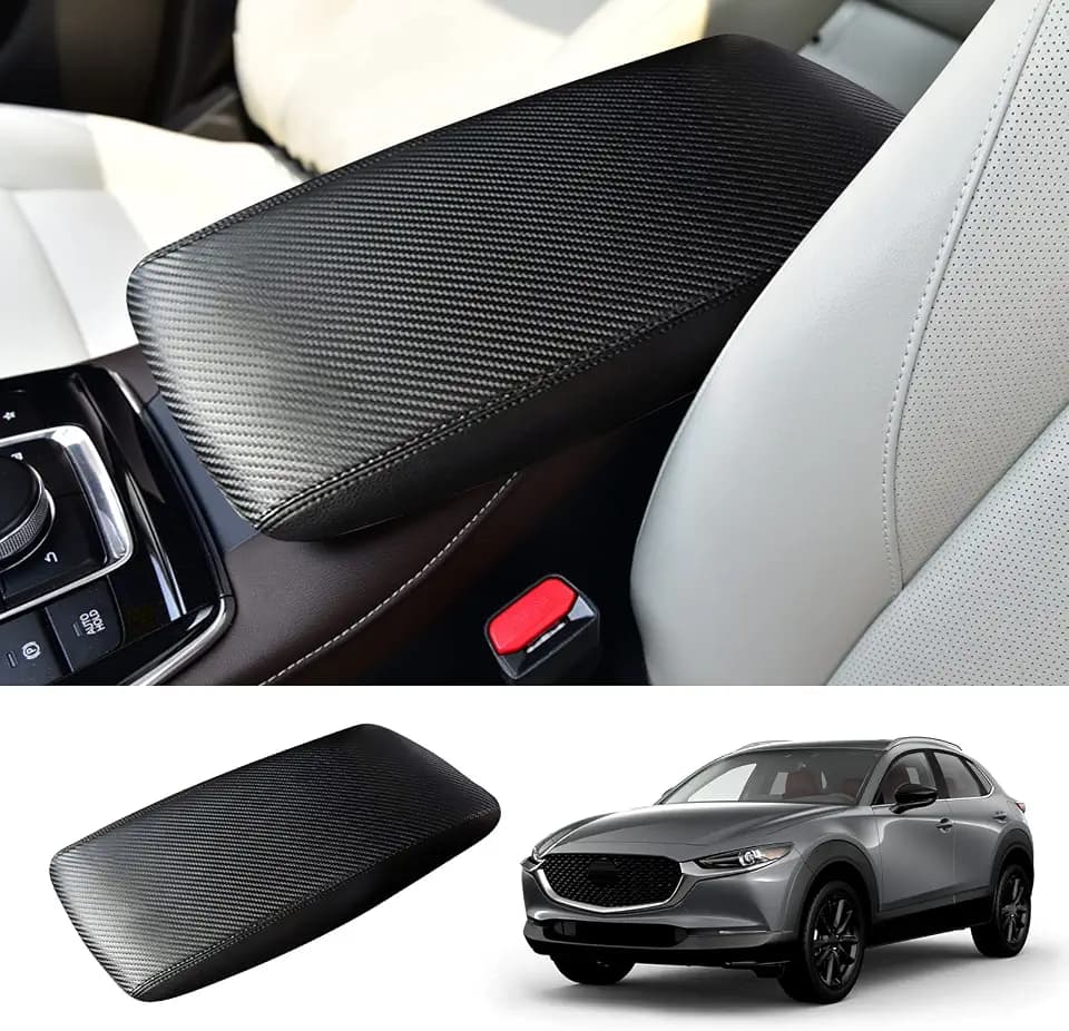for 2020-2025 2026 Mazda CX-30 Center Console Cover, Waterproof&Anti-Scratch Lether 2025 CX30 Console Armrest Cover for 2023 2024 2025 Mazda CX30 Accessories (Black-Carbon Fiber)