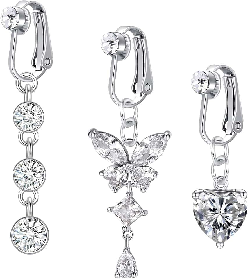 D.Bella Fake Belly Ring Fake Belly Piercing Clip on Belly Button Rings Surgical Steel Fake Belly Button Ring Fake Earrings Diamond Snake Dangle Non Piercing Fake Belly Piercing Jewelry