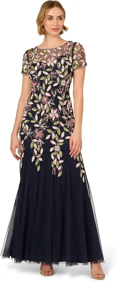 Adrianna Papell Women's Vine Bead Mesh Long Dress