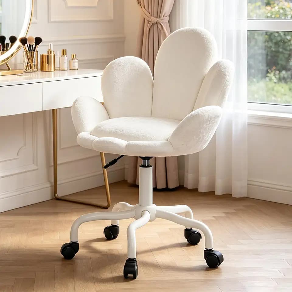 Vanity Chair with Wheels, 4" Extra Thick Comfy Makeup Chair, Adjustable Modern Swivel Armless Desk Chair for Girls Women, Aesthetic Office Chair for Bedroom Dorm, White