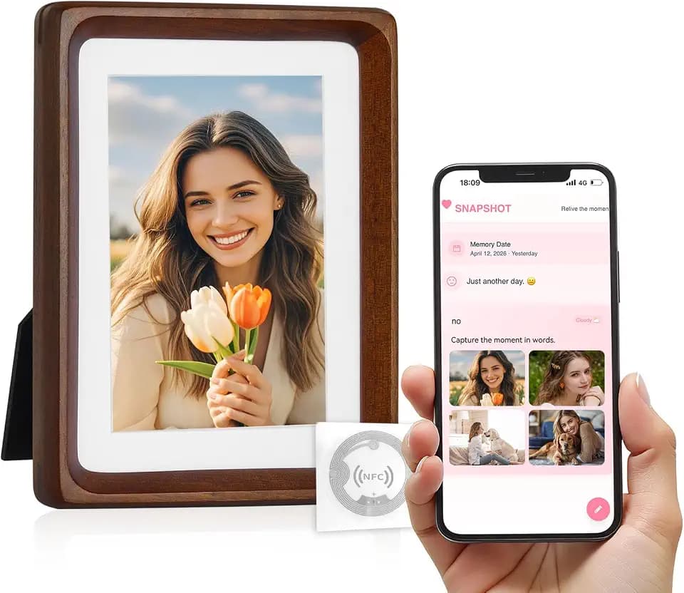 SNAPSHOT Smart Picture Frame, 5x7 Wireless Wood NFC Photo Frame, Tabletop&Wall-Mounted, Share Photos/Videos/Recording from Phone to Webpage for Party/Travel/Home & Gifts, Compatible iPhone/Android
