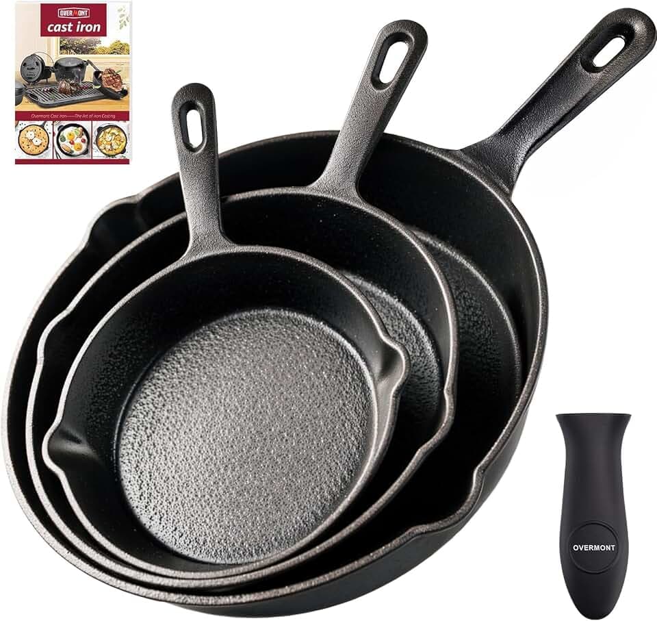 Overmont Grillpfanne Gusseisen mit Griff - Voreingebrannte Steakpfannen Bratpfanne - Cast Iron Pan für Gasgrill Backofen Kohlegrill