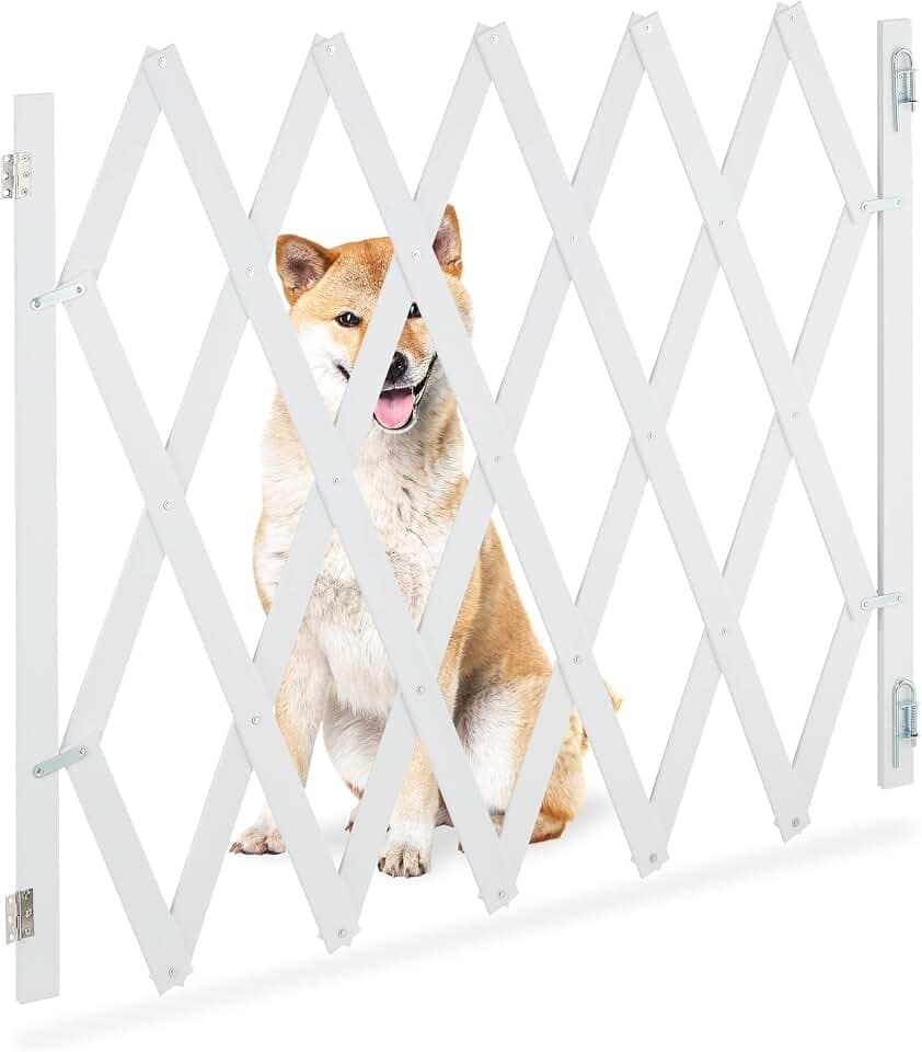 Relaxdays Hundeabsperrgitter ausziehbar bis 140 cm, 87-99 hoch, Bambus, Hunde Schutzgitter für Treppe & Tür, weiß