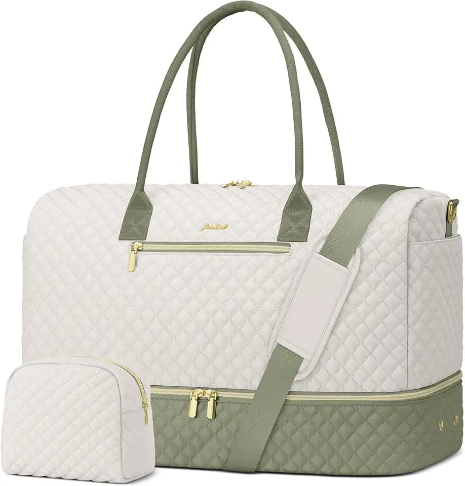 Travel Weekender Duffle Bags for Women - Duffel Bag with Shoe Compartment Carry On Overnight Bag with Toiletry Bag with Wet Pocket for Gym Hospital Bags for Labor and Delivery Beige Green