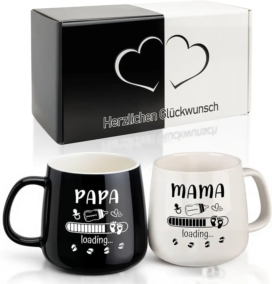 TUZELIYA Mama & Papa Kaffeetassen Set – Geschenk werdende Eltern, 350ml Schwarz-Weiße Tassen für Schwangerschaft verkünden, Baby Shower,Valentinstag & Jahrestag