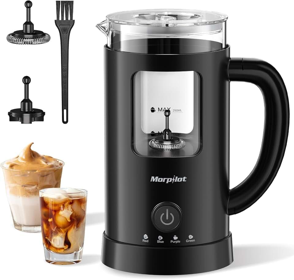 Morpilot Milchaufschäumer Elektrisch, 130-600ml 550W, 4 in 1 Milchschäumer für Heißer und Kalter, Visuelles Glas, Latte-Design, Schwarz