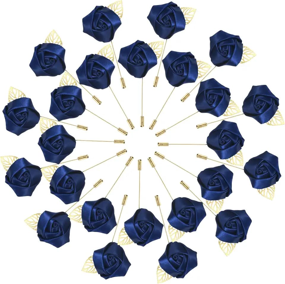 M METERXITY 48-Pack Flower Lapel Pins for Men, Golden Leaf Rose Boutonnieres Pin Groom Boutonnieres for Wedding/Dance/Party, Men Lapel Pins for Suits Satin Flower Corsage [Navy Blue]