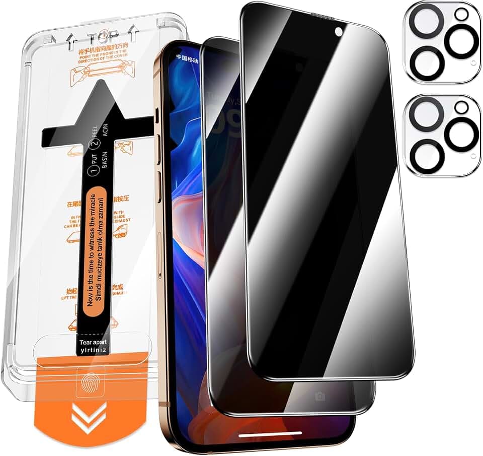 Panzerglas Sichtschutz für iPhone 16 Pro Max mit Kamera Schutz, [Auto-Installation] Anti-Spähen Full Screen Privatsphäre Schutzfolie, 9H Härte Gehärtetem Glas Displayschutzfolie, 2+2 Stück