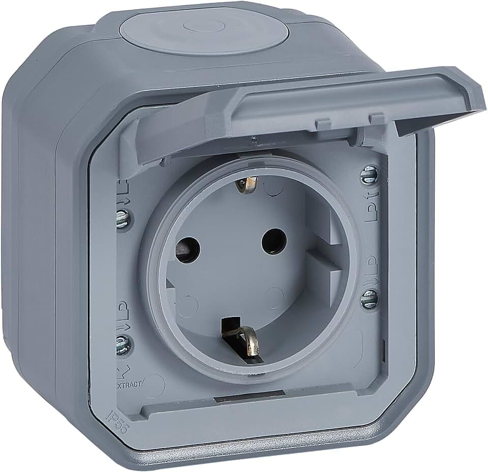 LEGRAND, Plexo New Feuchtraum-Steckdose, Schuko-Standard, inklusive Klappdeckel, Berührungsschutz, Installation mit Schraubklemmen, 16 Ampere, 250 Volt, IP44 - IK07, Farbe: Grau, 069733L