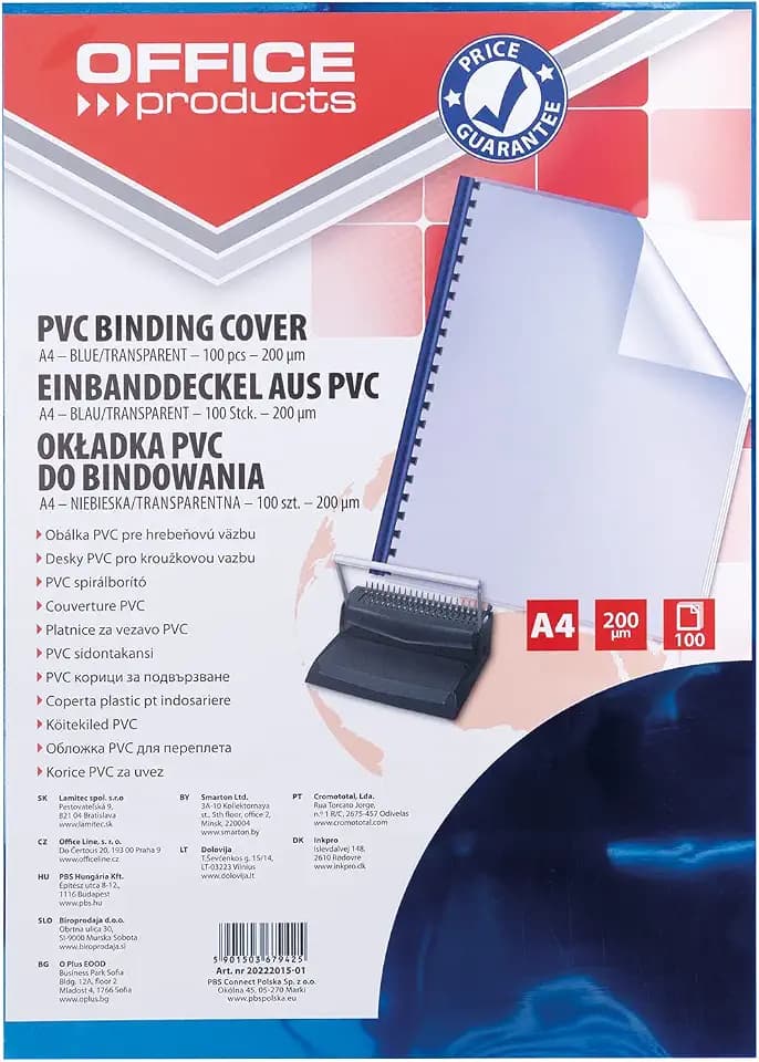 OFFICE PRODUCTS 20222015-01 Deckblätter Einbanddeckel zum Binden/ 100 Stück/Blau Transparent PVC/Klarsichtfolie/DIN A4 / Stärke 200 Mikron/für Plastikbindung und Drahtbindung